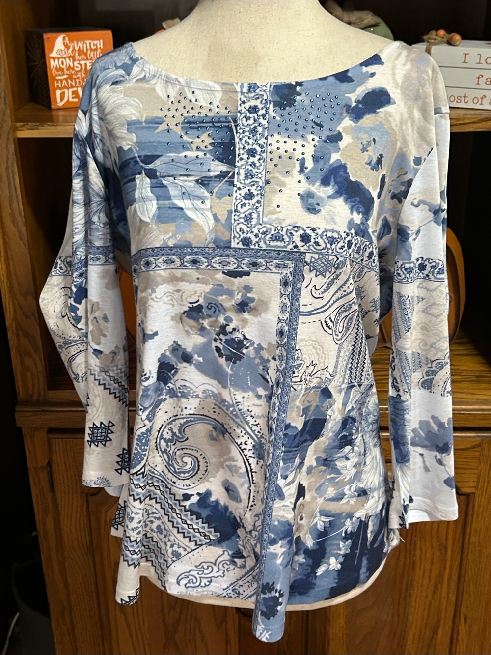 ONE WORLD Blue and White Paisley Patchwork Boatneck Top Petite Large